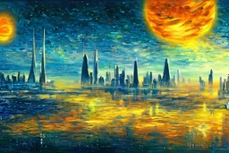 Futuristic city, exoplanet in the horizon, impressionism oil painting, realistic vision
