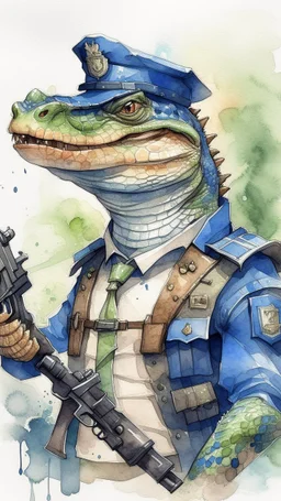 A police man holding a gun , he has a face of dnd, fantasy, watercolour, humongous strokes, stylistic, portrait, illustration, furry, lizard, personable face