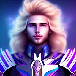 smiling beautiful long hair blond man face with cosmic armor and cosmic purple and blue sky behind