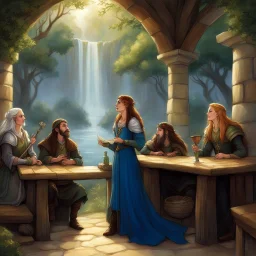 [art by Terry Pratchett] The female elf introduces herself as Lyanna, while her companion reveals his name is Thalion. As you continue singing, the tavern fills with an almost ethereal atmosphere. The other patrons who understand Elvish lean in, captivated by the ancient verses and the emotion in your voice. Thomas, who had been ready to intervene earlier, now relaxes at the bar, nodding approvingly at the peaceful scene unfolding. Lyanna's hand finds Thalion's, her fingers intertwining with his