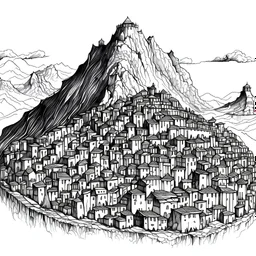 una ciudad amurallada bajo una montaña, boceto a pluma, blanco y negro. HD
