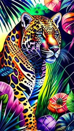 Jaguar en la selva arte acuarela colores contrastantes calidad ultra hiperdetallado maximalista 16k full body