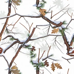 detailed Real Tree Camouflage made of sticks, twigs, tree bark, dried oak leaves, pine branches, snow and dirt, white background, seamless repeatable texture pattern imitating a natural forest background, add details
