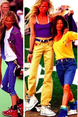 year 1996 denim fashion. Loose fit, low waist, baggy. Colors: denim blue, blue, purple, khaki, light green, lilac, plum, orange, terracotta, red, light yellow, lion yellow, pink, dark blue, beige. Women models. Jennifer Lopez, Kate Moss, Gwyneth Paltrow. Big tennis shoes on.