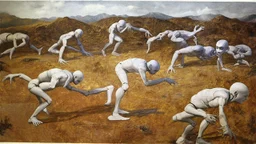 A group of white humanoid figures with large heads and distorted bodies engaged in various activities on a golden, textured landscape with mountains in the background