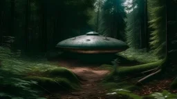ufo in the shape of a person with a metal surface buried in the ground in the middle of the forest