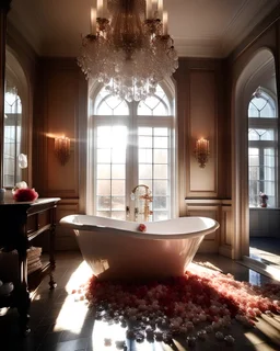 A luxurious, contemporary bathroom with a freestanding bathtub, glistening marble tiles, and a crystal chandelier hanging from the ceiling. Sunlight streams in through a large window, casting intricate shadows. The bath is filled with rose petals, exuding an atmosphere of relaxation and opulence, Photograph, 35mm lens, focusing on the intricate details of the elegant space.