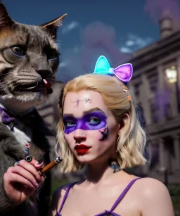 Ultra realistic afternoon photo, happy smoker couple, blonde Alice woman and purple-cat smoking a pipe, circus blue dress style, black headband with bow, old school body tattoo, smoke, marihuana garden, glow eyes, perfect iris, soft color, highly detailed, unreal engine 5, ray tracing, RTX, lumen lighting, ultra detail, volumetric lighting, high definition.