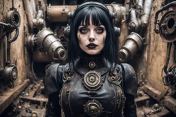 Closeup tall Girl goth with big eyes, ragged clothes, fullbody, dieselpunk, valves and old robots behind, the perspective looking up from the bottom of an empty well , 8k,macro photography,