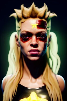 portrait, Shakira, blonde, angry, Realistic image, superhero, watchmen style, make-up, gold make-up, sweat, fog, goddess style, Neon colors, leds. Black background, photo studio, concept art, smooth, unreal engine 5, god lights, ray tracing, RTX, lumen lighting, ultra detail, volumetric lighting, 3d, finely drawn, high definition, 4k.