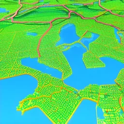 a 3d partially transparent map with roads and highways, and colored pins positioned throughout the map, highly detailed, intricate design, smooth, realistic render