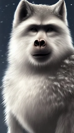 Une créature a l'aspect général d'un primate avec une tête de loup. Son pelage est blanc neige. Il est aveugle et possède un long museau