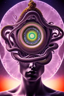 Spiritual being with Tentacles over human Head creating reality around, wrapping Spiral around Human, Psychedelic