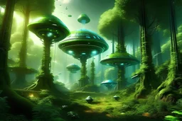 magical world of the future, green forest, spaceships