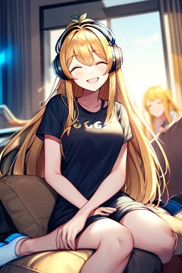 girl, masterpiece, best quality, cinematic lighting, detailed outfit, vibrant colors, perfect eyes, golden hair, long hair, closed eyes, headphones on head, listening to music, smile, sitting, indoors, god rays, casual clothes,