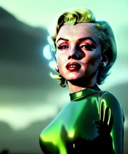 Ultra Realistic retro sci-fi 1960 scene, waist up view portrait, blonde woman, sweet young Marilyn Monroe face, perfect iris, tight latex coat, alien planet background, tight style, steel sphere dron levitating, fog, rain, soft color, highly detailed, unreal engine 5, ray tracing, RTX, lumen lighting, ultra detail, volumetric lighting, 3d, finely drawn, high definition, high resolution.