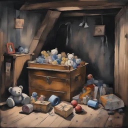 impressionist painting of an antique toy box filled with vintage toys in corner of a dark attic, weathered wood, loose diffused watercolor, ink leak, by Arthur Boyd, large brush strokes, nostalgic, moody, opulent shadows, cobwebs, solid line work, maudlin, sad limp teddy bear, minimal.