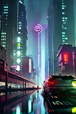 Cyberpunk district with giant foggy skyscarpers, cars, FoV: 100, HD, Unreal Engine 4, heavy rain, rainy streets reflection, neon signs, low contrast, grainy, less color, titanfall,