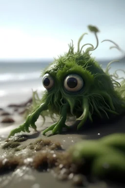 Fantasy Coastal Eyeless Creatures Oddly Turned Into Dangerous Viruses based on seaweed simple appearance in large seashore, landscape style photo