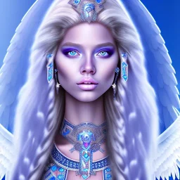 portrait of a beautiful aztecan woman with an angel face smiling,long blond hair, blue eyes, pink and blue dress, jewels, soft light aura