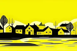 Ilustración minimalista de un village river side in yellow and black