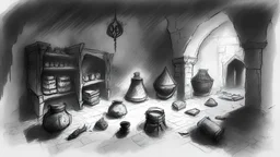 sketch of a scary dark room in an Omani dark castle and a lot of items on the ground and white background