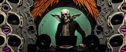 DJ of the damnded, insanely detailed DJ booth in hell, MID set, speakers and equipment made of bone, anatomically correct,