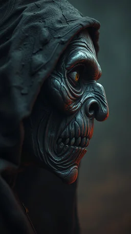 Busch painting style nightmare, a zoomed side view of a witch by his face skin is a rusted broken metallic skin texture in a 3d rendering full-height image of a grim and dark scene. Ensure the final images exhibit the utmost quality, encompassing 4K, 8K, and 64K resolutions, with 3D rendering that manifests in photorealistic, hyperrealistic, and highly detailed representations. Employ techniques such as HDR, UHD,