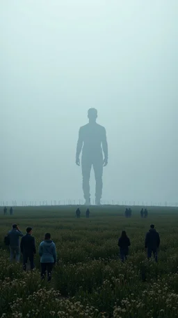 A field of random people at the end of the picture gray background an giant shadow of human figure standing in a cinematic, 8k