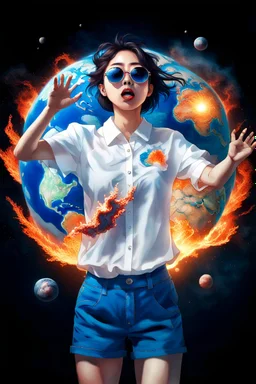 An image of a young Korean woman with a surprised expression, holding her hands up as if she is reacting to a catastrophic event in front of her. She is wearing a white blouse with detail, blue shorts, and sunglasses pushed up onto her head. In front of her, there is a highly detailed planet resembling Earth, dramatically cracking and breaking apart with fiery explosions and molten lava visible at the fractures. Debris is flying outward from the planet. The background is stars/space