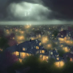 suburban homes, rooftop view, heavy dark storm encroaches, 8k resolution, high-quality, fine-detail, iridescent, intricate, digital art, detailed matte, volumetric lighting, illustration, brian froud, howard lyon, selina french, anna dittmann, annie stokes, lisa parker, greg rutowski