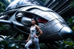 photorealistic slim woman with dark hair and white boots in a heroic pose in front of a fat wide spaceship in the jungle