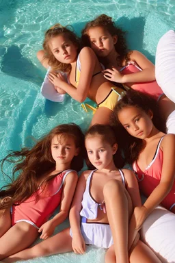 three young girls with dad playing in swimsuit. in a bed. realistic. detailed. beautiful.