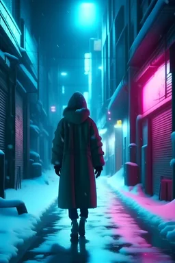 winter, a pretty eskimo woman walking in an alley, neon lights, heavy snow falling, freeing cold, empty streets, fantasy world, 4k