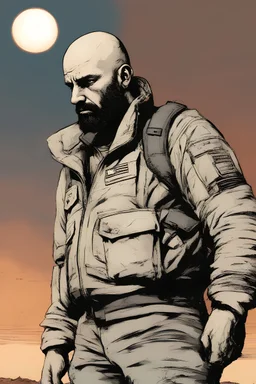 A bald rugged soldier with a short thick black beard wearing a bomber jacket looking out upon a desert planet while the sun sets behind him art style Alex Maleev