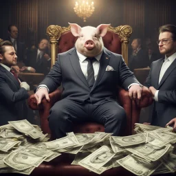 rich pig in suit on a throne making stacks of money by making a deal with a buisnessman. background of musicians. baksinski style