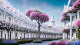 promenade in a coastal town with a white background, natural light, and blue-and-white house adorned with pink flowers.