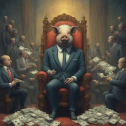 rich pig in suit on a throne making stacks of money by making a deal with a buisnessman. background of musicians. beksinski style