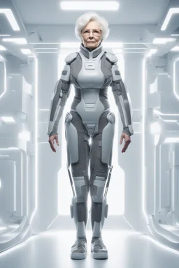 A full body portrait of a powerful old woman. HIgh tech future