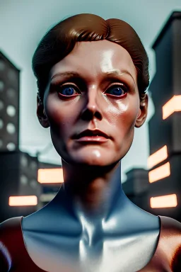 Ultra Realistic retro sci-fi, Supermarket parking scene, 1960 year, blonde woman, sweet young Juliane moore face, x ray lights eyes, face makeup, tight latex coat, levitating cars, many panic people, Retro sci-fi style, soft color, highly detailed, unreal engine 5, ray tracing, RTX, lumen lighting, ultra detail, volumetric lighting, 3d, finely drawn, high definition, high resolution.