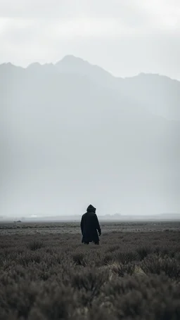 A field of barely at the end of the picture gray background an giant dark shadow of a hooded figure standing in under blurry , a huge mountains in the background cinematic, 8k
