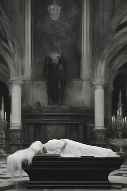 Toomb of the vampire Count Strahd Von Zarovich. Grand room, stone and marble, dark, black coffin made of polished ebony wood and brass. No windows. Perspective close to the coffin. Strahd leaning back on the coffin, being kissed by a woman with long white hair.