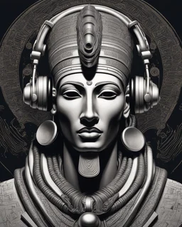 Illustrative sketch of Pharaoh Akhenaten in music with headphones, front view, ultra quality, hyper detailed, maximalist, 8k