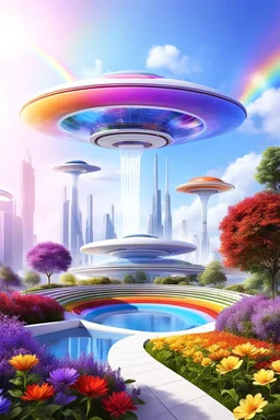 colors, very beautiful, ,flowers, garden,rainbows, cité futuriste ultra moderne, ufos very beautiful over class