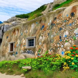 A tan cliff with stones designed in German folk art painted by Claude Monet