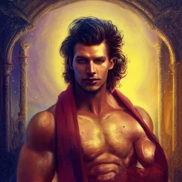 portrait, Arthur Kulkov, handsome, Russian, circus, male, ringleader, muscular, man, strong, detailed matte painting, deep color, fantastical, intricate detail, 8k resolution, concept art portrait by Greg Rutkowski, mystical colors, Golden hour, colorful galaxy foreground, lisa frank fantasy, neon pastel color palette, beautiful colorful interesting detailed storybook fantasy