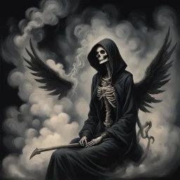 women sitting on a dark background. Her their face turned upwards and blows cigarette smoke from their mouth, The dominant colors are black and gray. It depicts a figure with wings emerging from its back. a hooded skeleton can be seen behind the clouds of smoke. he holds a scythe in one hand and a touch person in the other