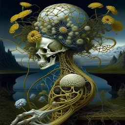 bone flowers, wild weird clime, surreal meander style of john Stephens and Michael Cheval, eerie, smooth, trending on Artstation, 16k, intricate detail, hypersurreal.