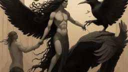 A Venus, her hair loose like a moving orchestra, stands with an air of stealth, resembling a sculptural figure. Around him, the vestals move while a raven squawks in the foreground.