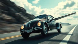 a high definition screen shot of a jet-fighter vw-beetle, retrofuturistic, phototrealism, in flight, one subject,
